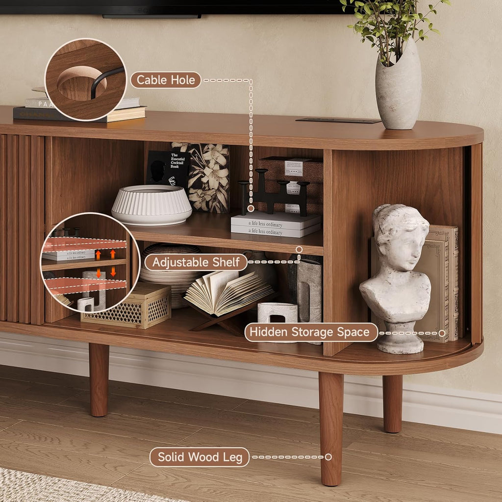 59" TV Stand for 65" TV with Power Outlet, Entertainment Center with Solid Wood Leg, Fluted TV Console with