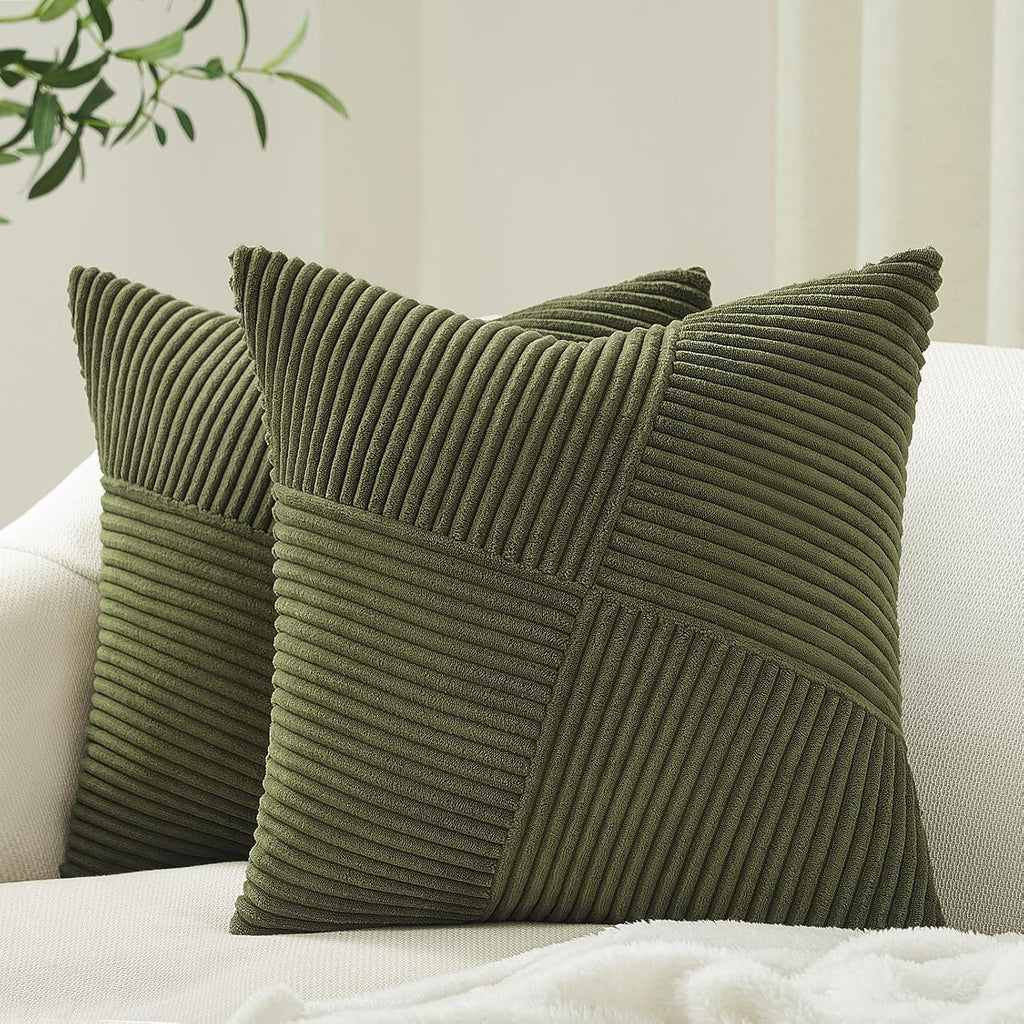 Olive Green Decorative Throw Pillow Covers Set of 2 18x18 Inches, Boho Aesthetic Home Decor, Soft Corduroy Striped