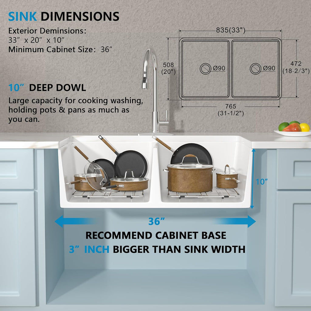 33 White Farm Sink Double Bowl - 33"×20" Apron Front Farmhouse Sink Reversible Double Bowl 50/50 Ceramic Porcelain