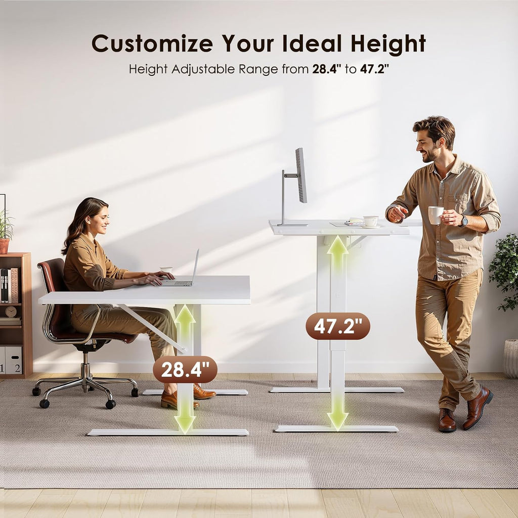 55 Inch Reversible L Shaped Electric Standing Desk, White | Corner Height Adjustable Computer Table, Stand Up Desk