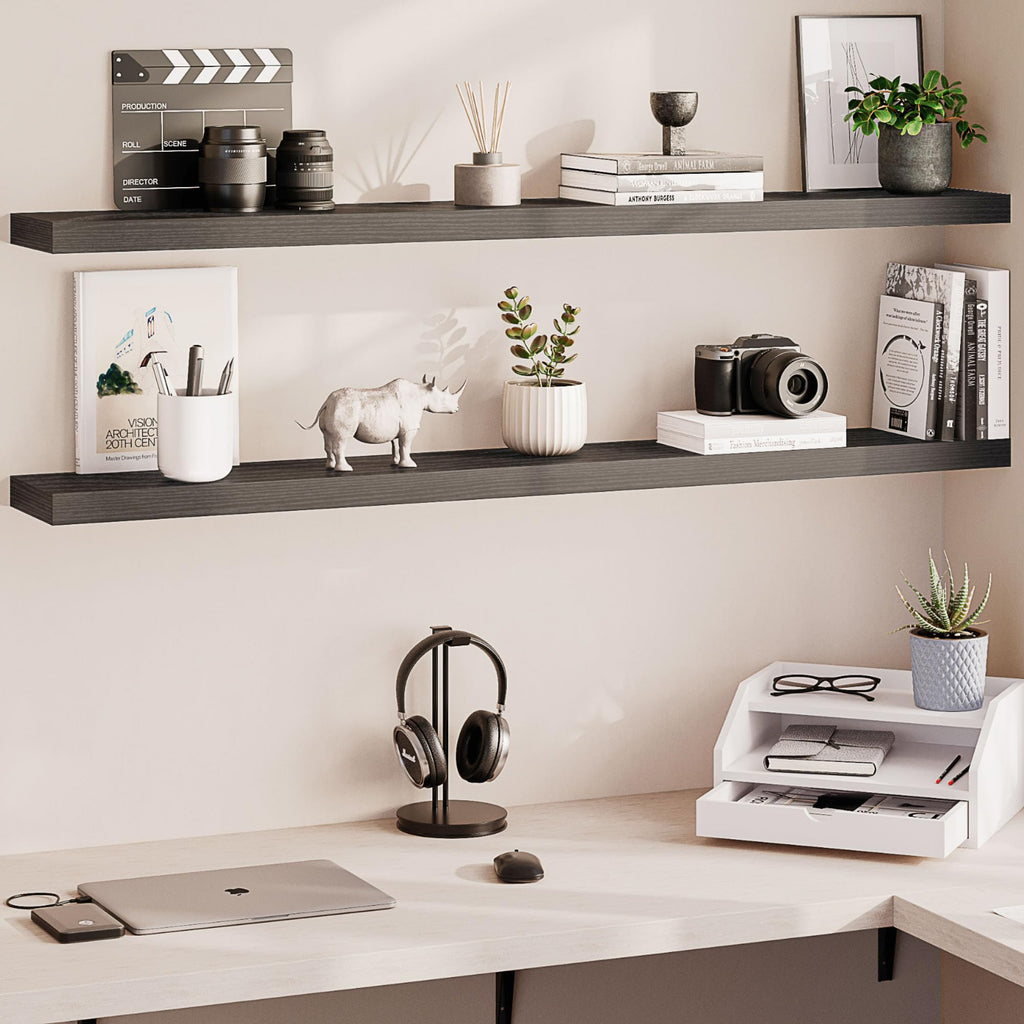 Floating Shelves for Wall, 55 inch 2-Tier Black Shelf, Invisible Brackets, Wood Wall Shelf Organizer, Clearing Clutter