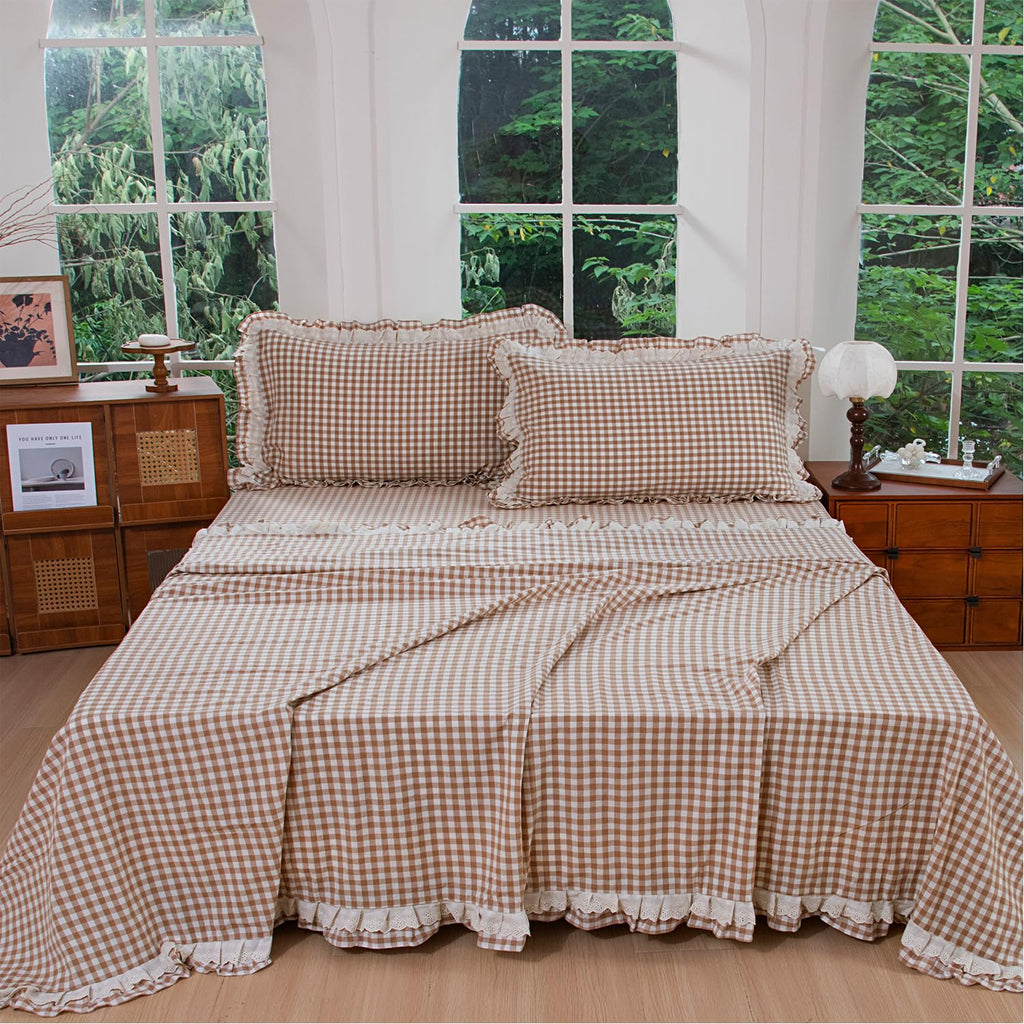 100% Washed Cotton Sheet Set, Taupe Gingham Ruffle, 4 Pieces