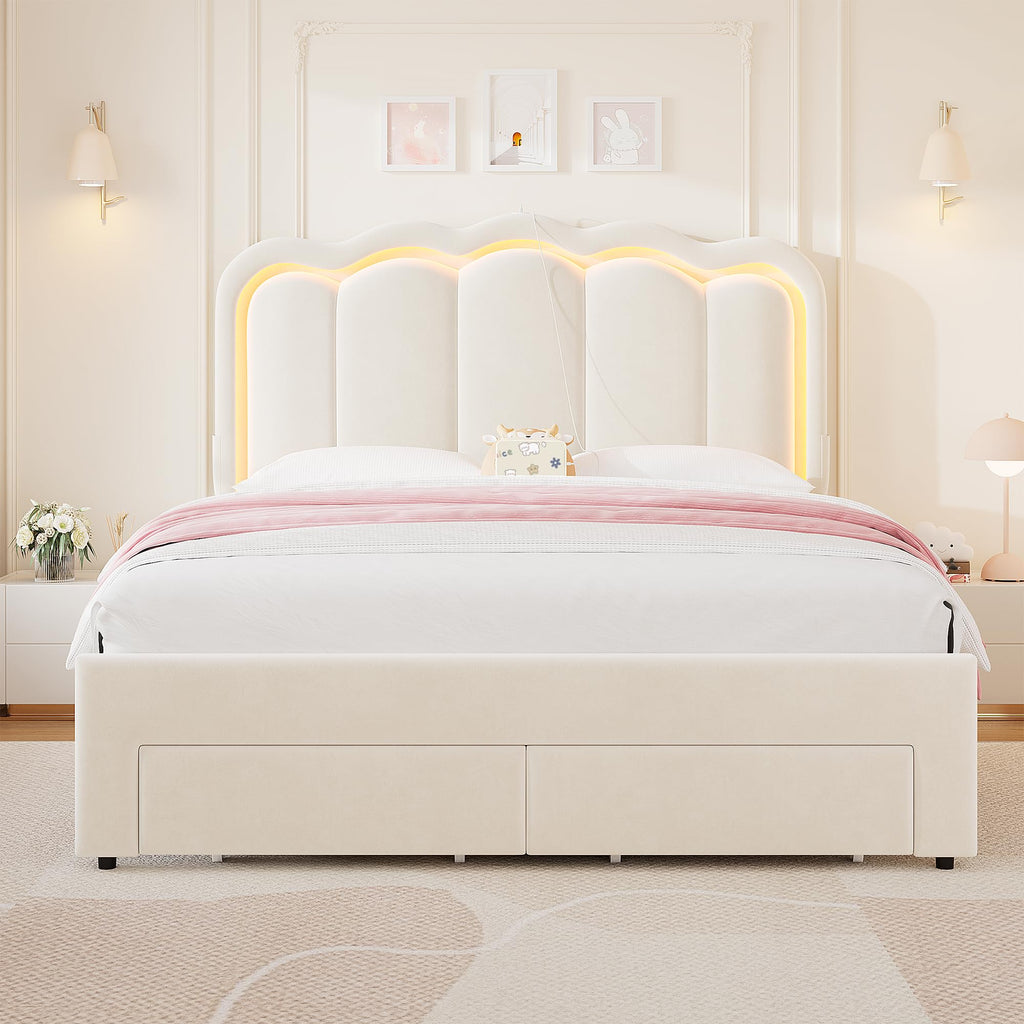 Full Upholstered LED Bed Frame with 2 Storage Drawers and Adjustable Chic Double Wavy Headboard, Velvet Princess