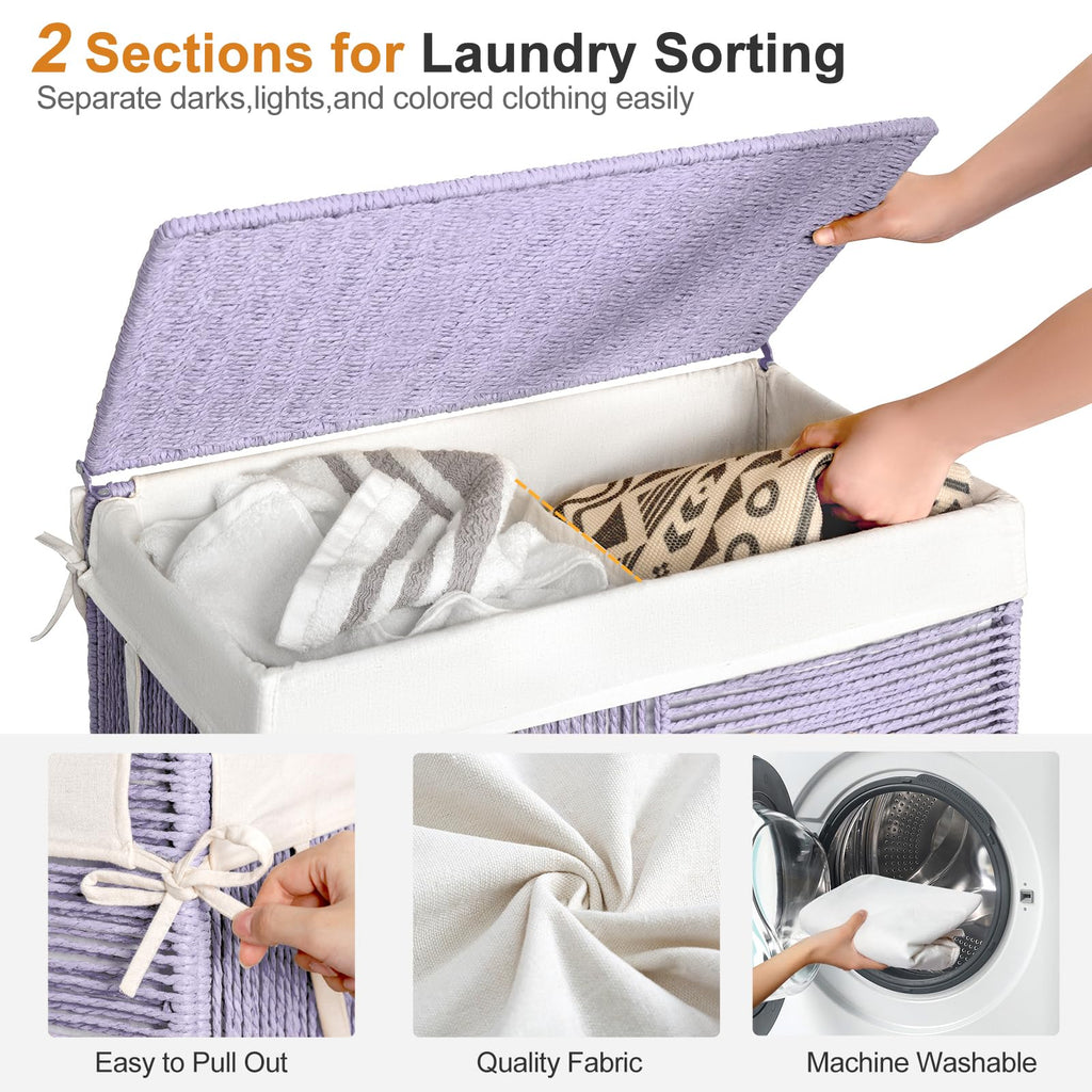 Double Laundry Hamper with Wheels, Handwoven Rolling Laundry Basket