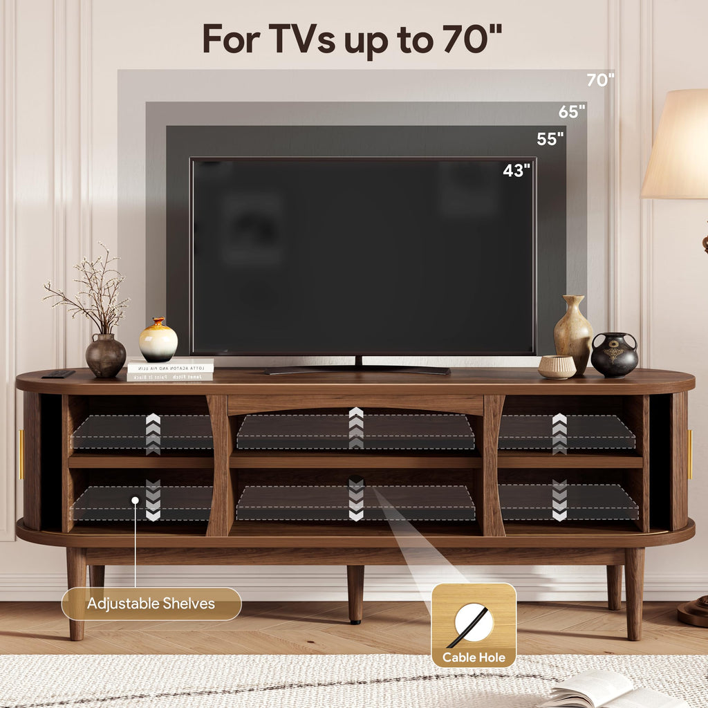 Mid Century TV Stand for TVs up to 70 Inches Entertainment Center with Storage, Power Outlet, Fluted Sliding Doors &