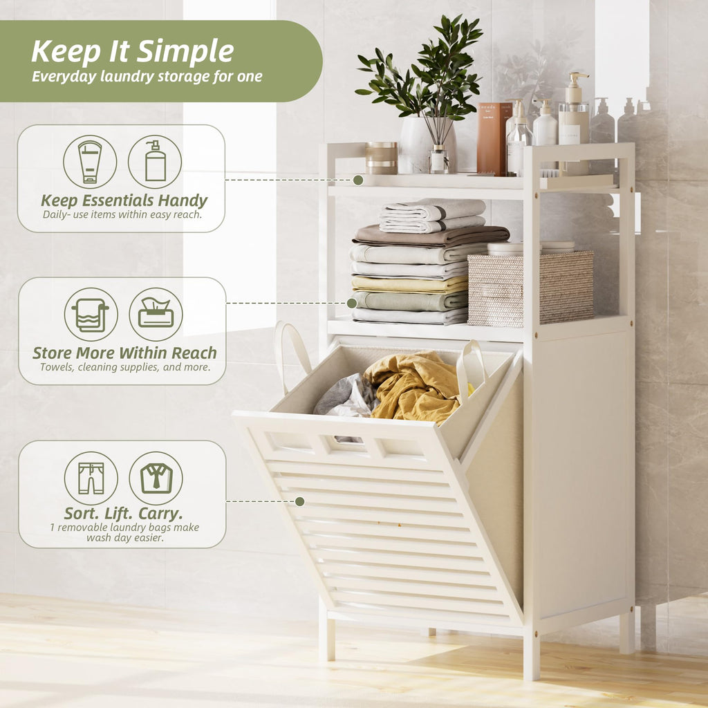Bamboo Tilt Out Laundry Hamper Cabinet with Removable Bag, White