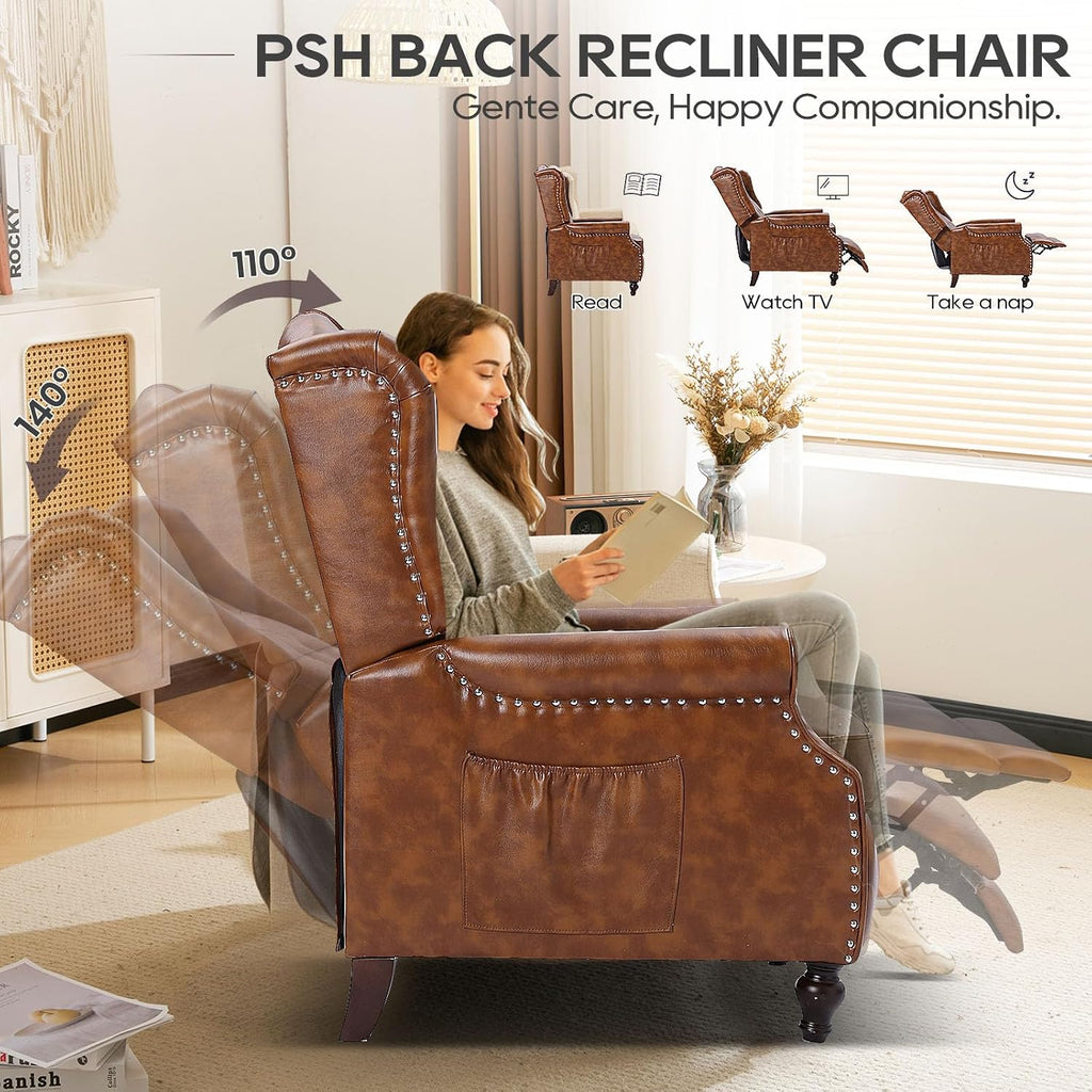 Wingback Recliner Chair with Massage and Heat, Upholstered Fabric Living Room Chair Armchair with Nailhead Trim,Push