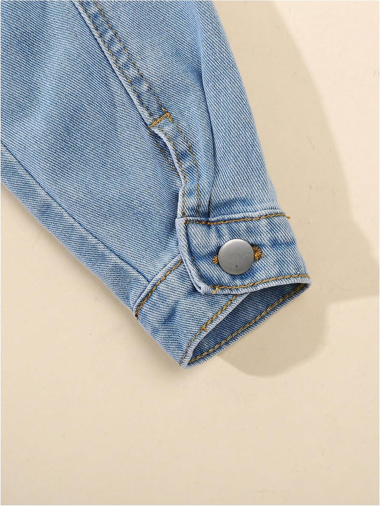 Girl's Bow Embroidered Denim Jacket Long Sleeve Button Down Jean Jacket Cute Outerwear