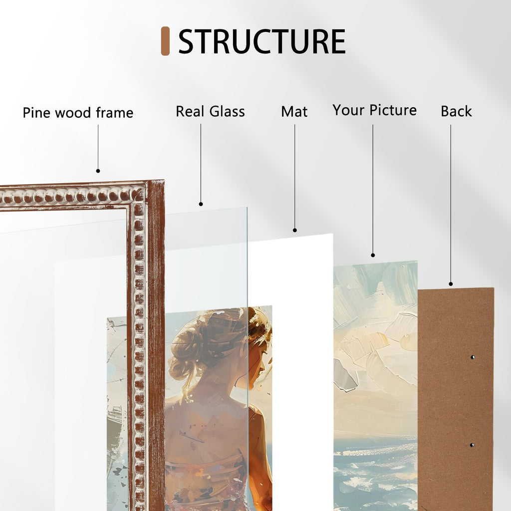 Square 8x8 Picture Frame with Mat for 6x6/4x4, Distressed Beaded Wood, Real Glass, Whitewashed Farmhouse Style for