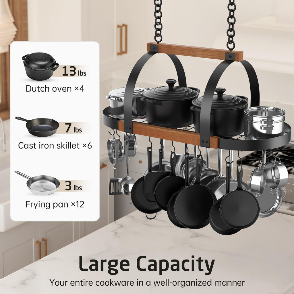 Natural Solid Wood 39 Inch Large Hanging Pot Rack, 130 LBS Capacity Heavy Duty Oval Pot and Pan Hanging Rack Ceiling