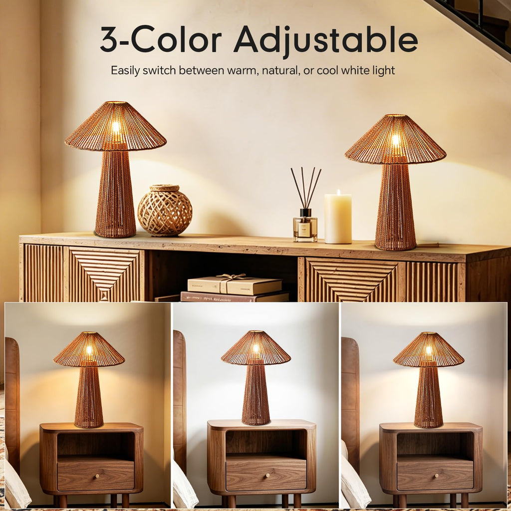 20"Boho Table Lamp Plug in Large Rattan Desk Lamp 3 Color Adjustable Classic Wicker Woven Nightstand Lamp Living Room