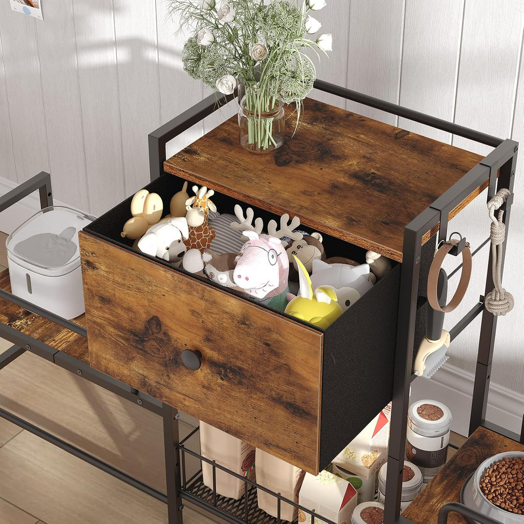 Dog Feeding Station with Drawer, 2 Elevated Bowl Stands & Large Dog Food Storage for 2 Dogs, Height Adjustable Pet