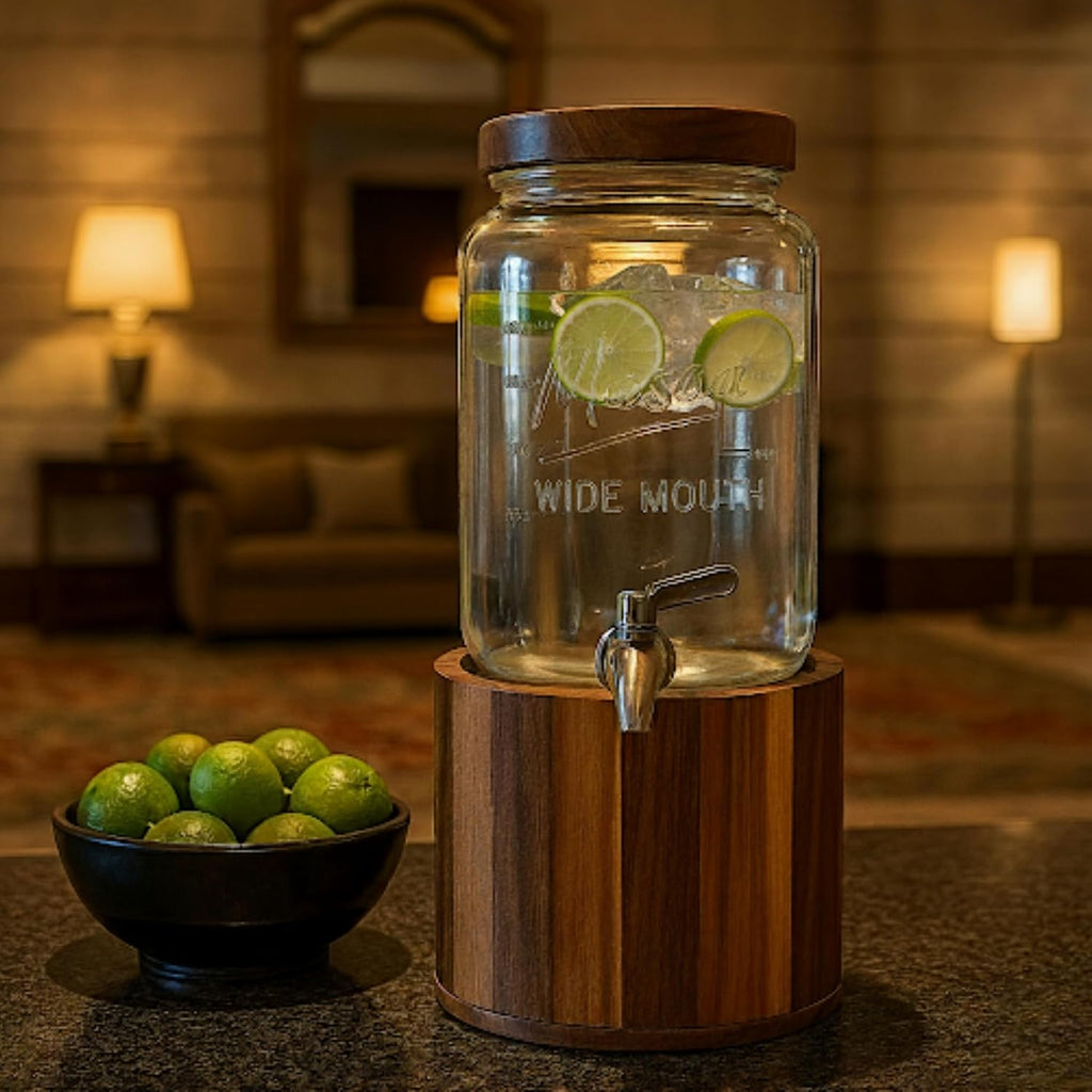1 Gallon Glass Water & Lemonade Dispenser with Wooden Lid & Stand - Mason Jar Beverage Dispenser with Stainless Steel