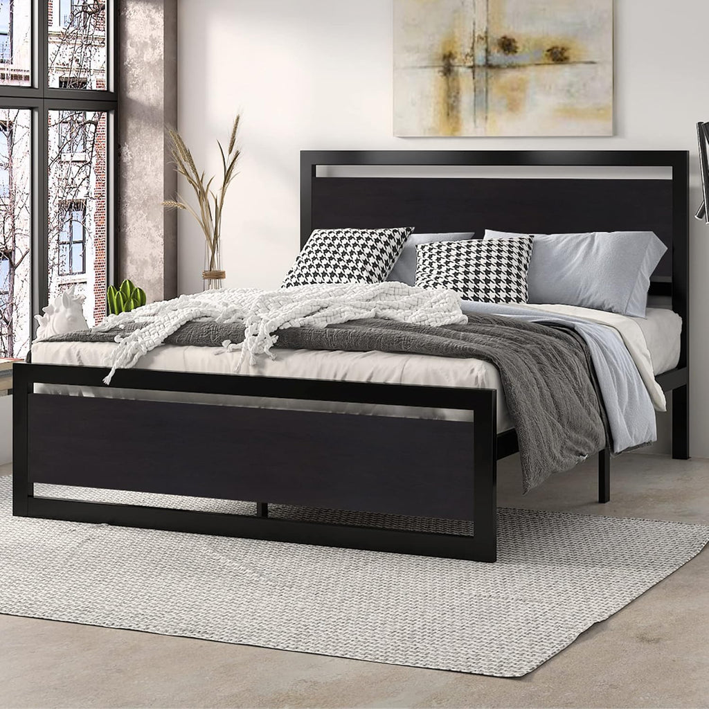 Queen Bed Frame with Modern Headboard, Heavy Duty Platform Metal Base with Square Footboard and 13 Strong Slats