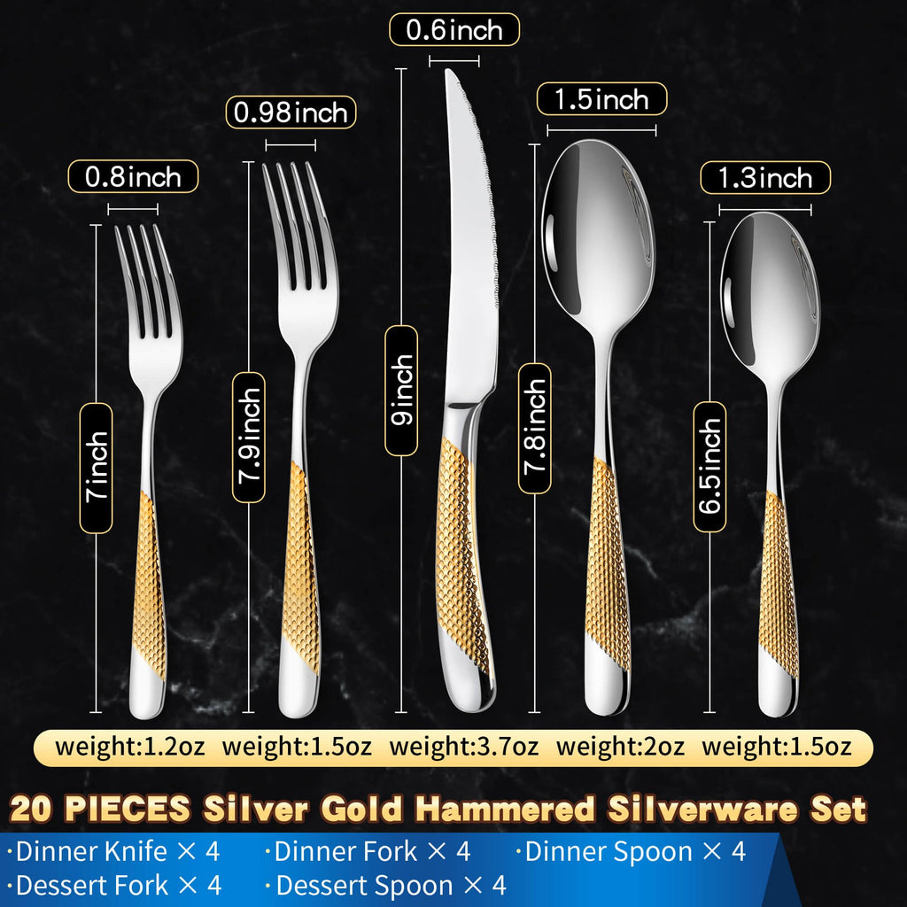 20-Piece Hammered Silver Gold Silverware Set for 4,18/10 Stainless Steel Flatware Set with Serrated Forged