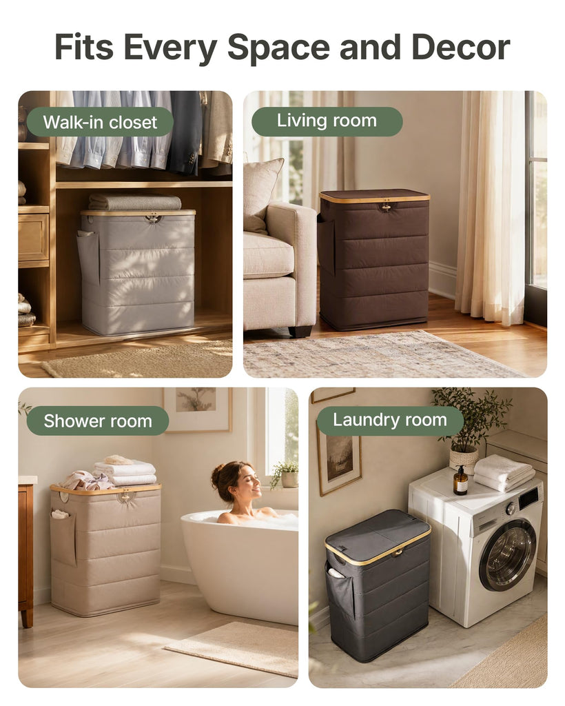 2 Section Laundry Hamper with Lid, 140L Quilted Puffer Basket