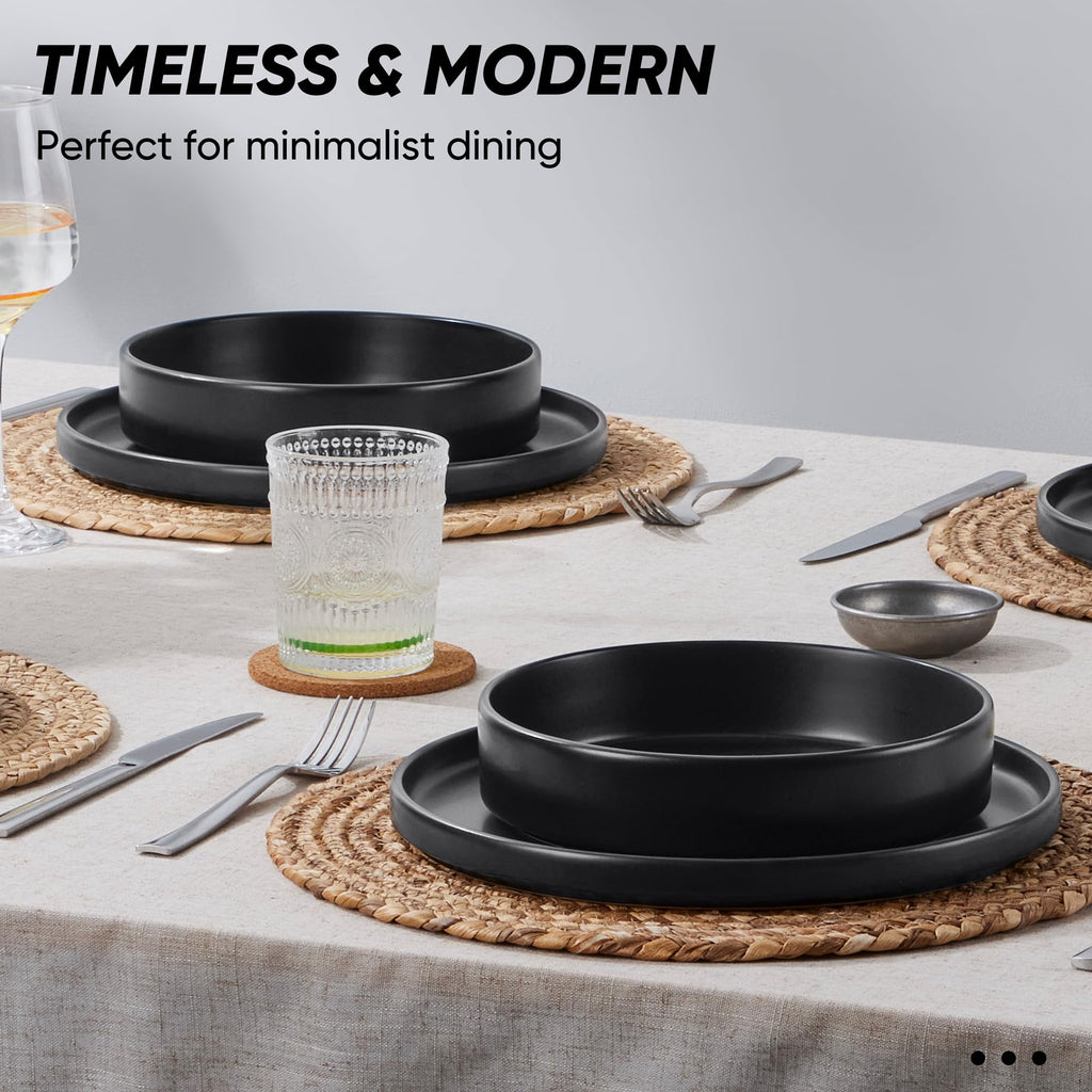 16-Piece Stoneware Dinnerware Sets with Pasta Bowls, Matte Black