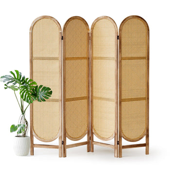 4 Panel Rattan Room Divider Screen, Boho Folding Privacy Screen