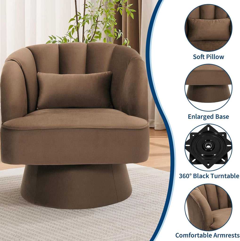 Modern Swivel Barrel Accent Chair, 360 Degree Velvet Upholstered Armchair with Striped Backrest & Plush Padding