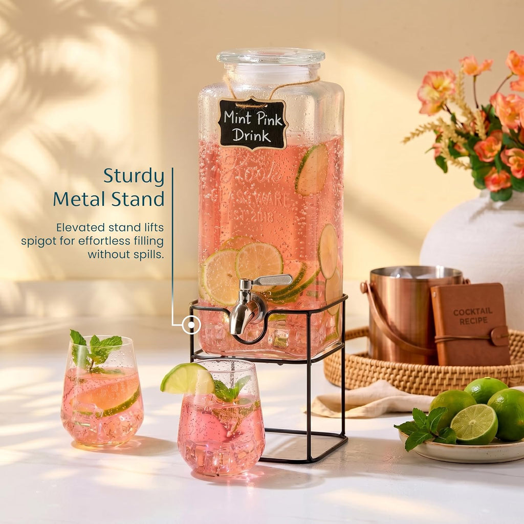 Glass Drink Dispenser, with Stand, 1 Gallon, Serves 15 Cups, Leak-Proof Stainless Steel Spigot, Beverage Storage