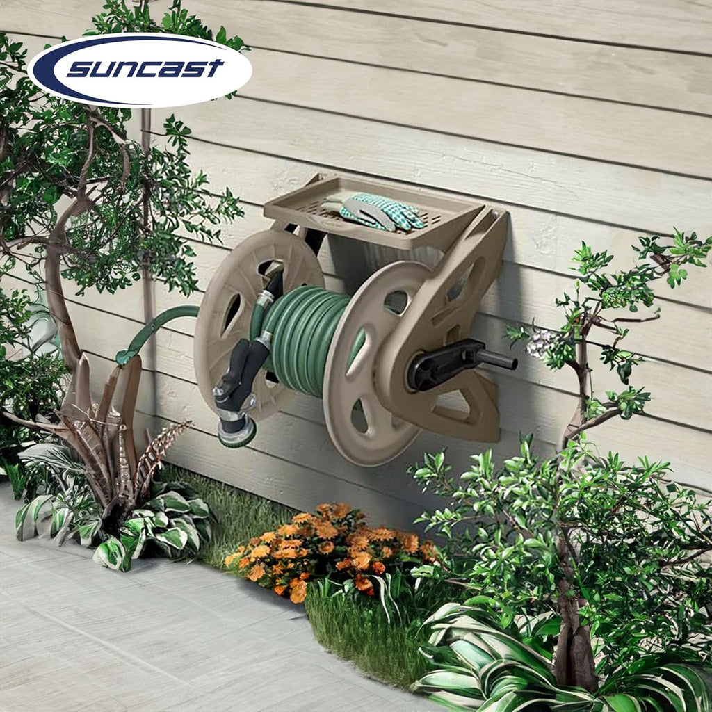 Handler Durable Hard Plastic Wall Mounted Outdoor Retractable Garden Hose Reel with Storage Tray and 200 Feet Hose