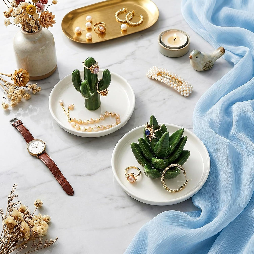 Ceramic Ring Holder Dish, Decorative Round Jewelry Display Trays, Aloe & Cactus Small Trinket Plate, Gift - Set of 2
