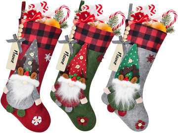 19.7 Inch Christmas Gnomes Stockings with Names Tags, 3D Embroidered Snowflakes Large Christmas Stockings Set of 3