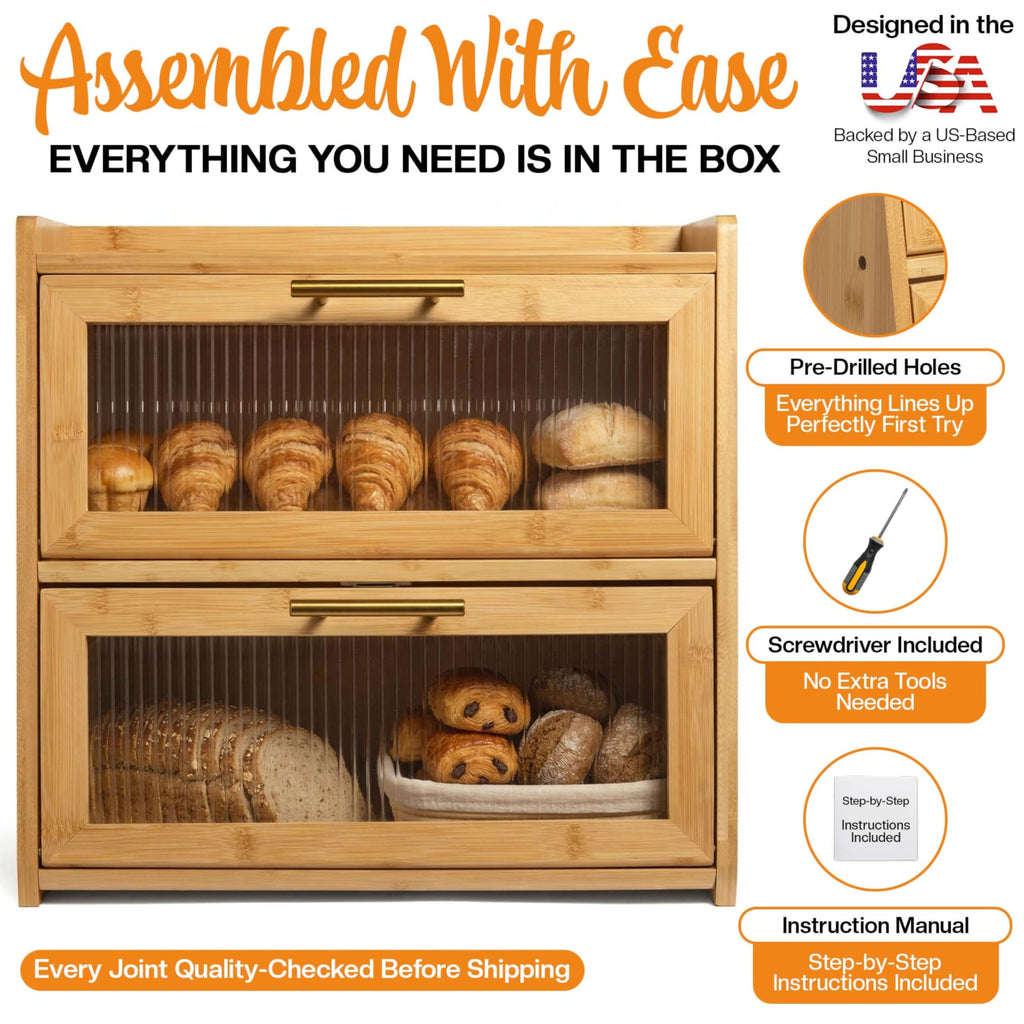Extra Large Bamboo Countertop, Double Layer Wooden Breadbox Holds Multiple Loaves of Homemade Bread, 16.5 Inch