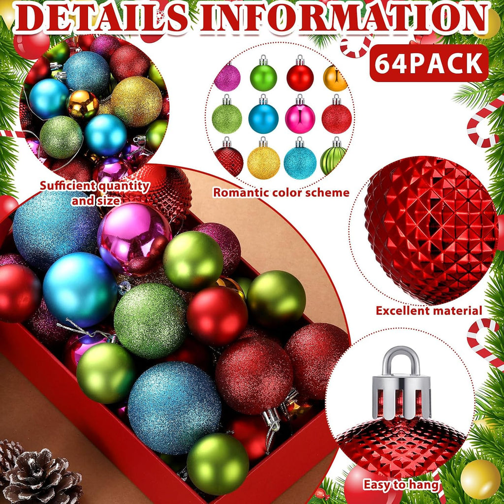 Neon Christmas Ball Ornaments Shiny Bright Multicolor Baubles - Set of 64