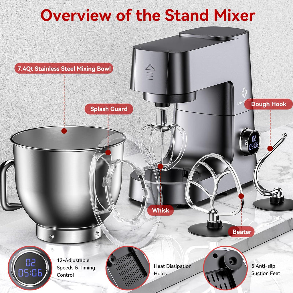 7.4 QT Stand Mixer 800W, 12-Speed Tilt-Head Kitchen Mixer