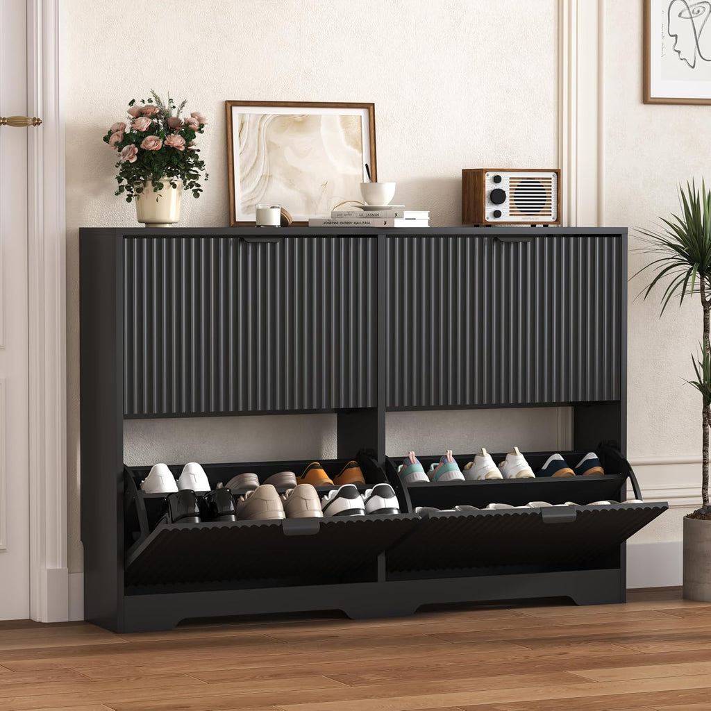 Shoe Cabinet Storage with 4 Flip Drawers, Black Fluted Shoe Cabinet with Adjustable Shelves, Wooden Hidden Shoe Rack
