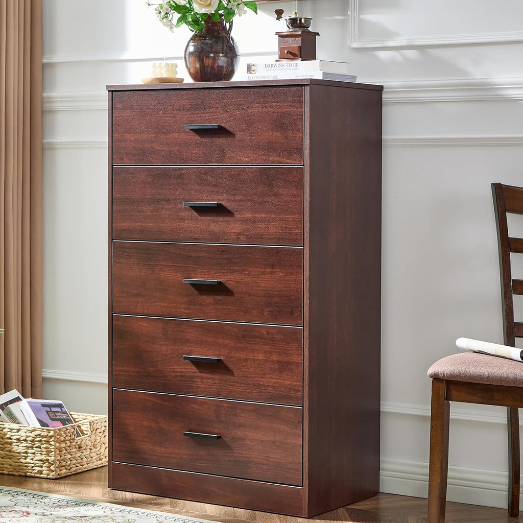 Dark Cherry Dresser , 5 Drawer Dressers & Chests of Drawers, Modern Wood Dresser, 47 Inches Tall Chest of Drawers