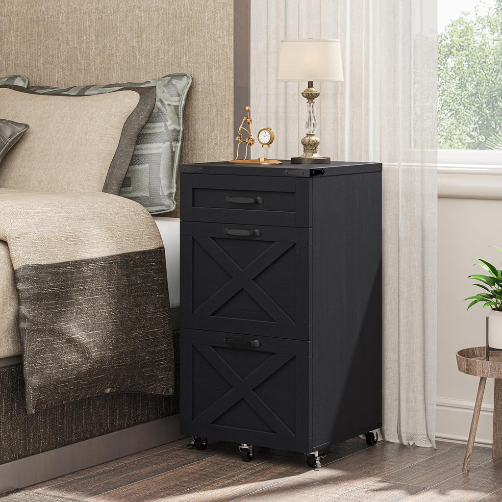 3 Drawers Farmhouse File Cabinet with Wheels , Rustic Black | Vertical Filing Cabinet Fits Letter/A4 Size, Rolling