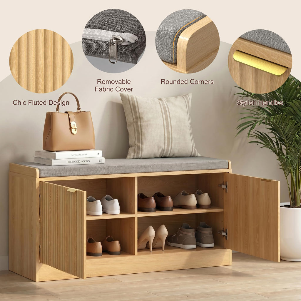 2-Tier Fluted Shoe Storage Bench with Adjustable Shelves and Cushion, Oak丨Entryway Shoe Bench Hidden Shoe Cabinet