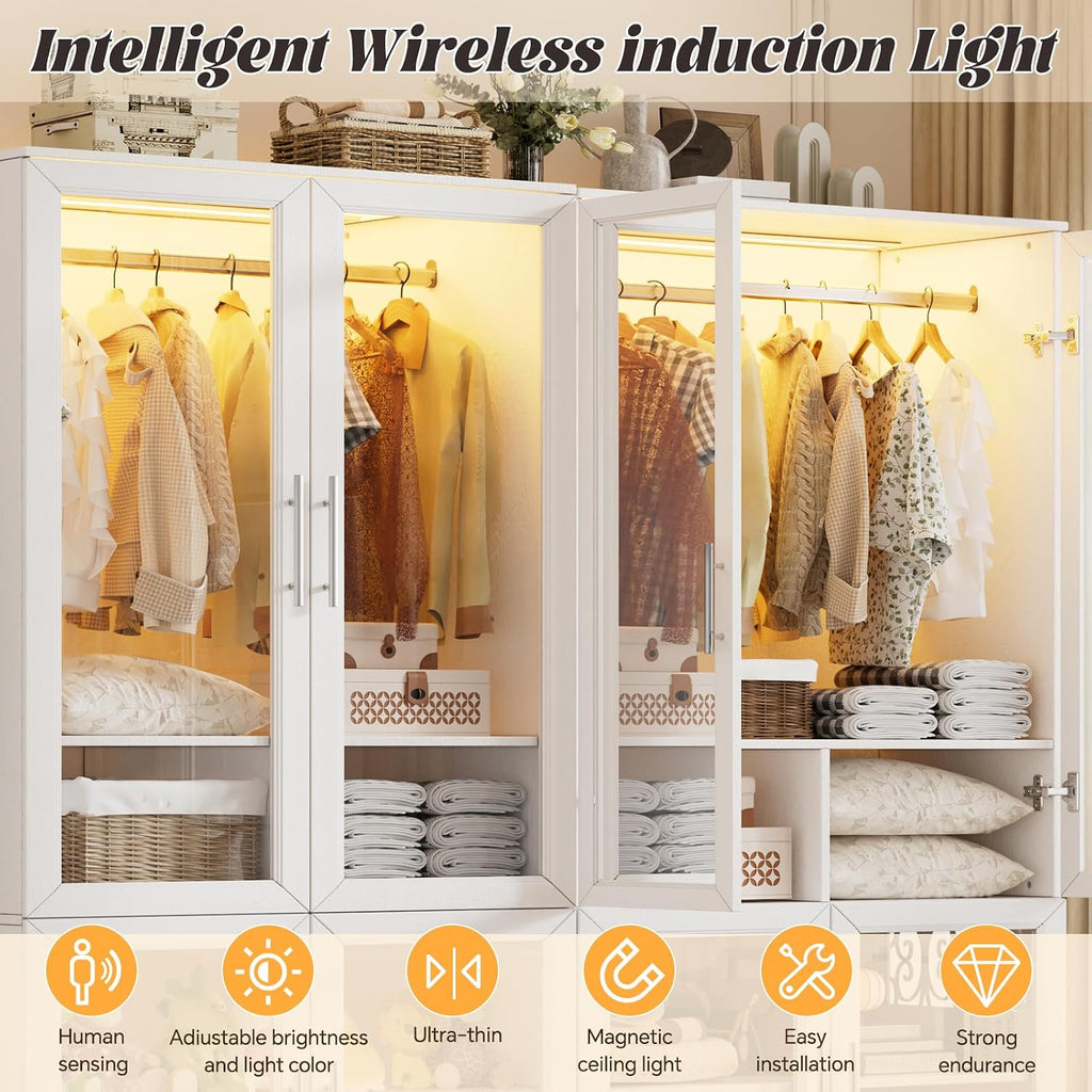 Armoire Wardrobe Closet with Glass Door, Bedroom Closet Wardrobe Cabinet with Hanging Rod, Lighted Freestanding