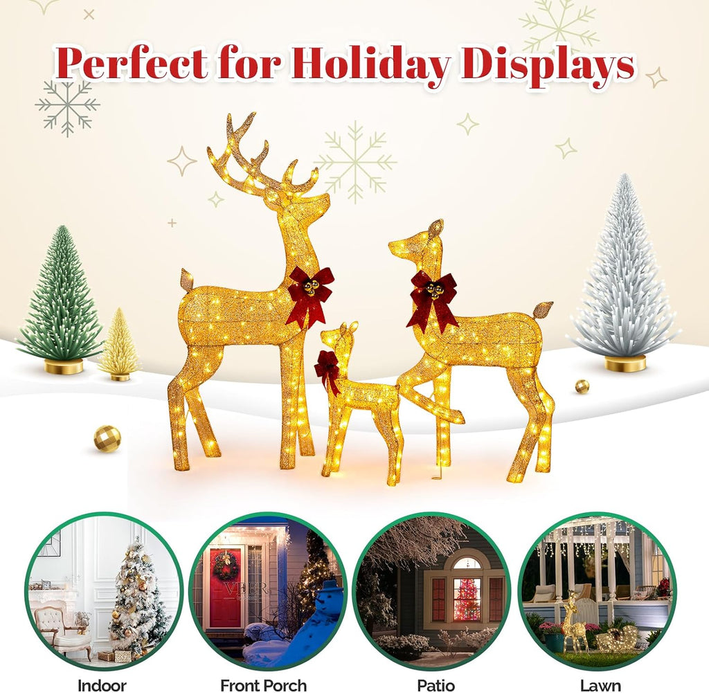 3-Piece Lighted Golden Christmas Reindeer Family Set, 5FT White Buck Doe Fawn Outdoor Decorations, Weatherproof Deer