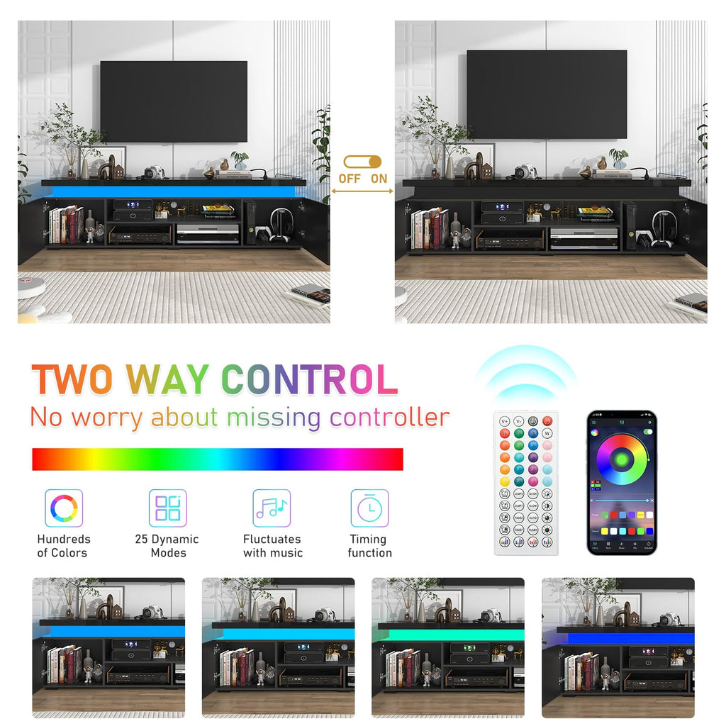 LED TV Stand for 85 Inch TV, Modern TV Stand with Power Outlet, High Gloss TV Console Entertainment Center with