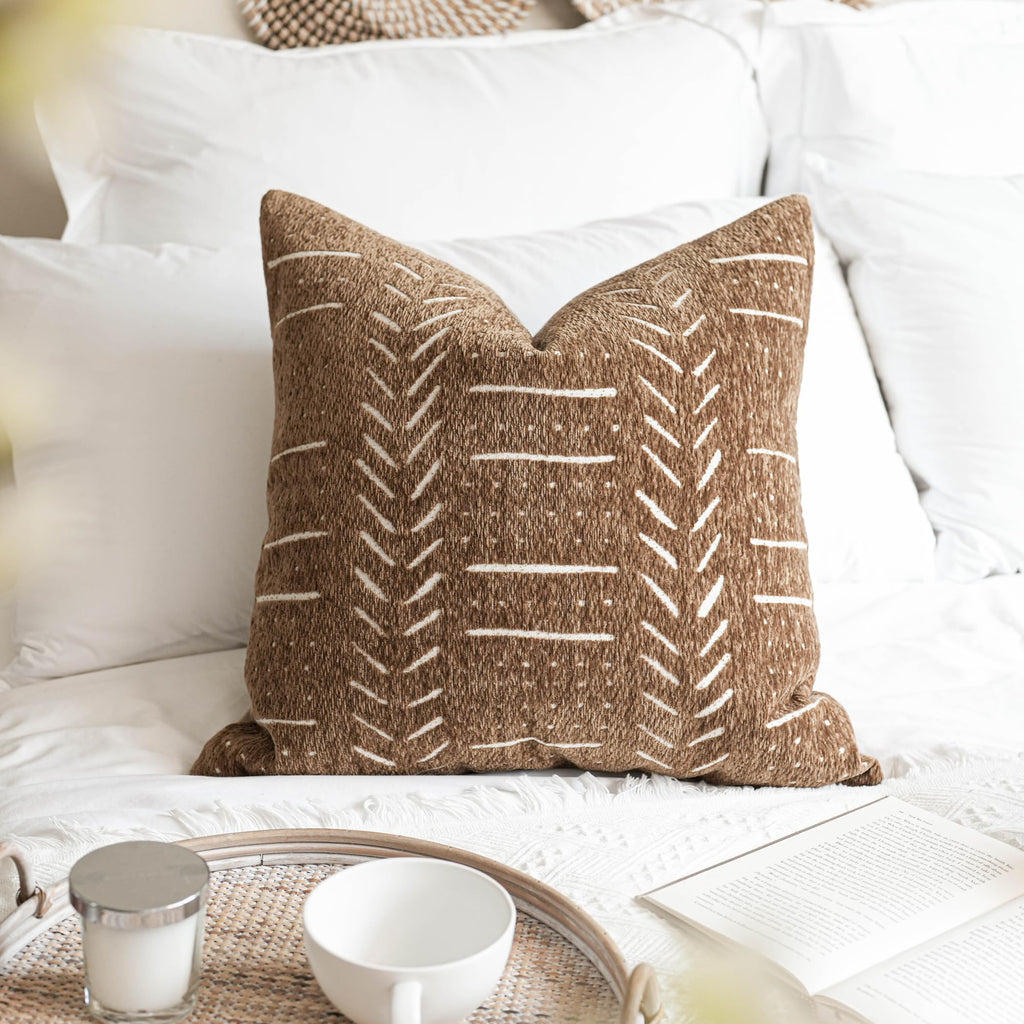 Decorative Throw Pillow Covers 18X18 Set of 2, Brown Boho Farmhouse Cushion Cover, Cozy Soft Accent Pillowcase for