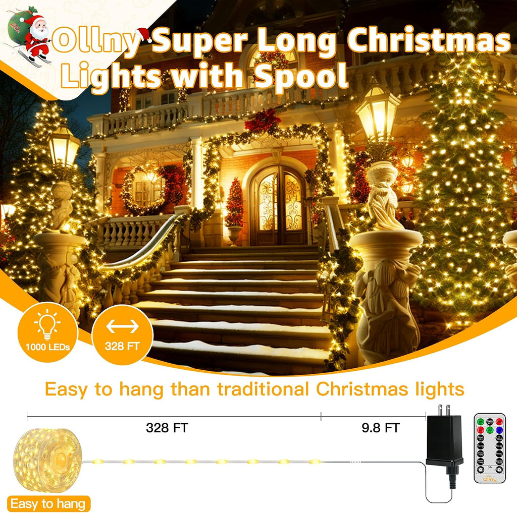 Outdoor Christmas Lights 1000LED 328FT, Warm White Fairy Lights IP67 Waterproof, Plug in String Light with Remote 8