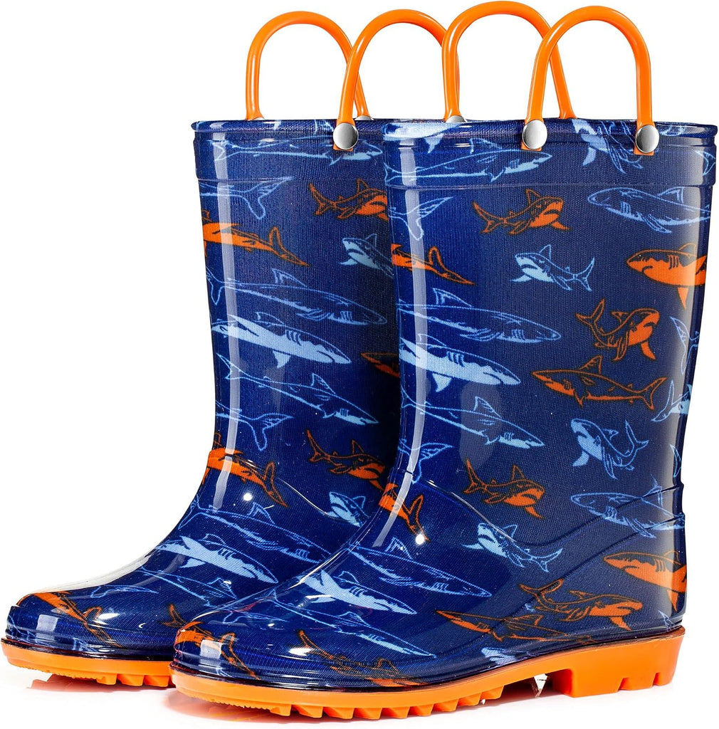 Toddler and Kids Waterproof PVC Rain Boots with Easy-On Handles - Lightweight Slip-Resistant Outdoor Boots for Boys