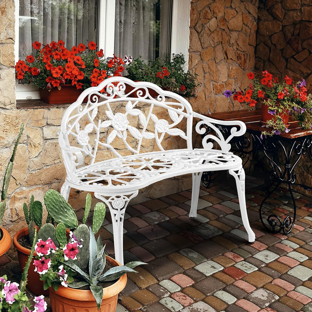38.5" Patio Park Garden Outdoor Metal Rose Bench, 2-Person Cast Iron Cast Aluminium Frame Antique Finish