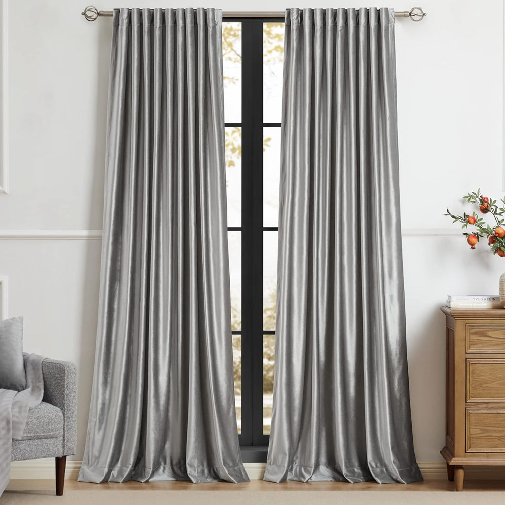 100% Full Blackout Silver Grey Velvet Curtains 96 inch Long,Set of 2 Panels Liner Rod Pocket Back Tab Thermal Window