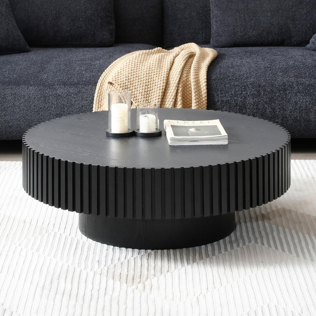 35.43" Large Black Round Coffee Tables, Modern Fluted Drum Nesting Wood Coffee Side End Tables Wood Center Apartment