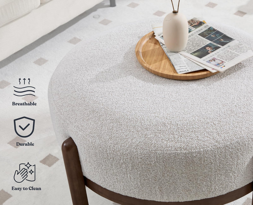 29" Round Ottoman Modern Boucle Upholstered Footstool Mid Century Large Footrest with Wooden Legs Soft Circle Ottoman