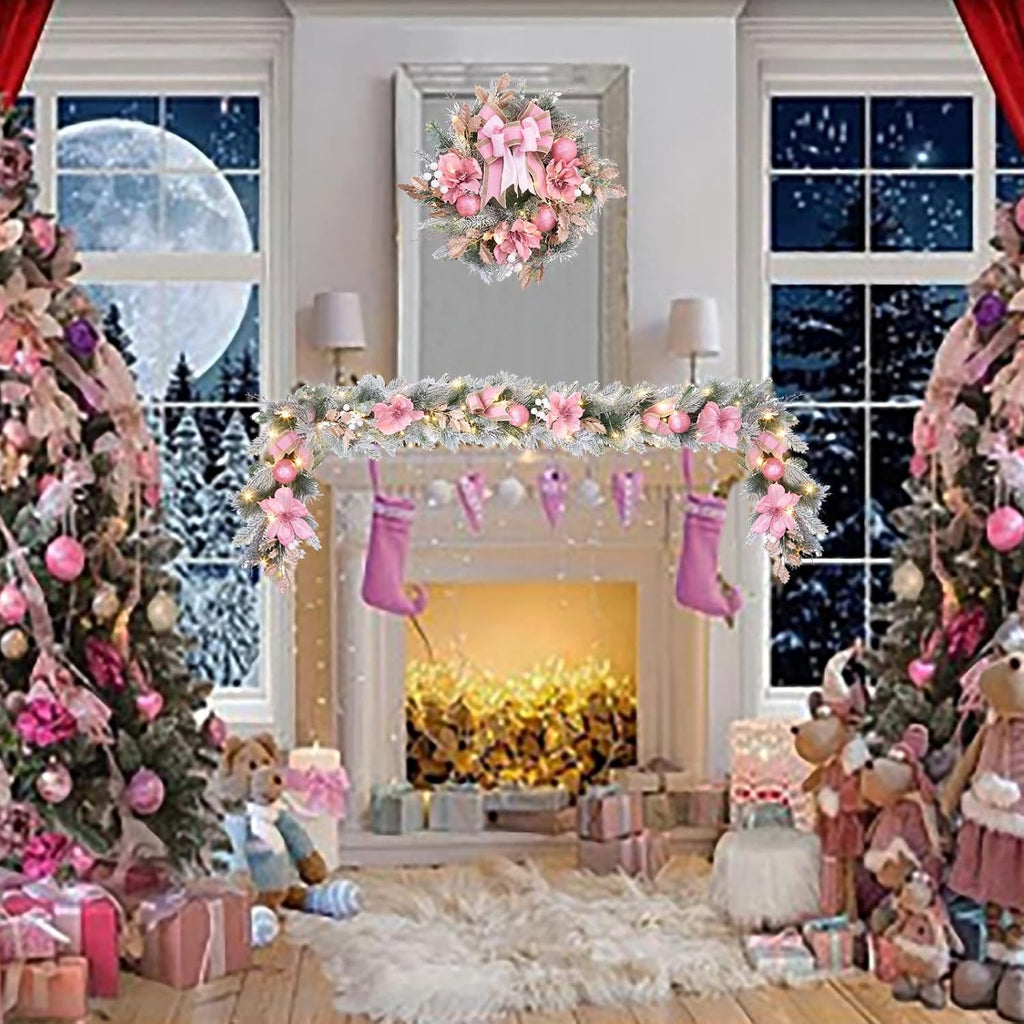6 feet Christmas Pink Garland for Front Door with 30 LED Lights with Timer,Festive Lighted Holiday Snow Flocked