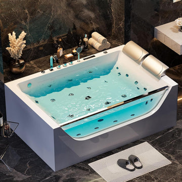 70.8" Whirlpool Bathtub with Thermostat Control, 2-Person Jetted Bathtub 3-Sided Apron Acrylic Soaking Tub, Lumbar