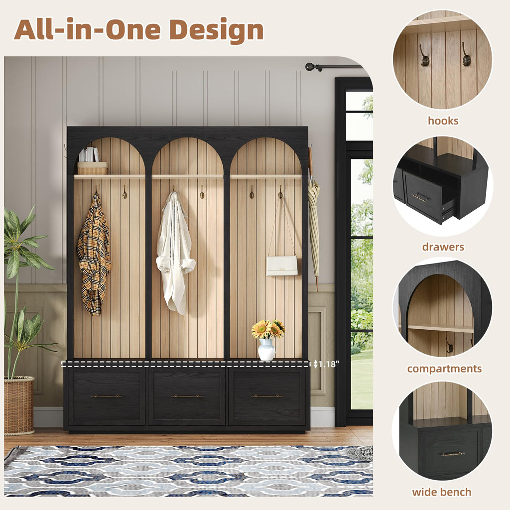 Farmhouse Wood Hall Tree with 8 Hooks and Storage Shoe Bench, Arched Mudroom Versatile Coat Racks with 3 Drawers