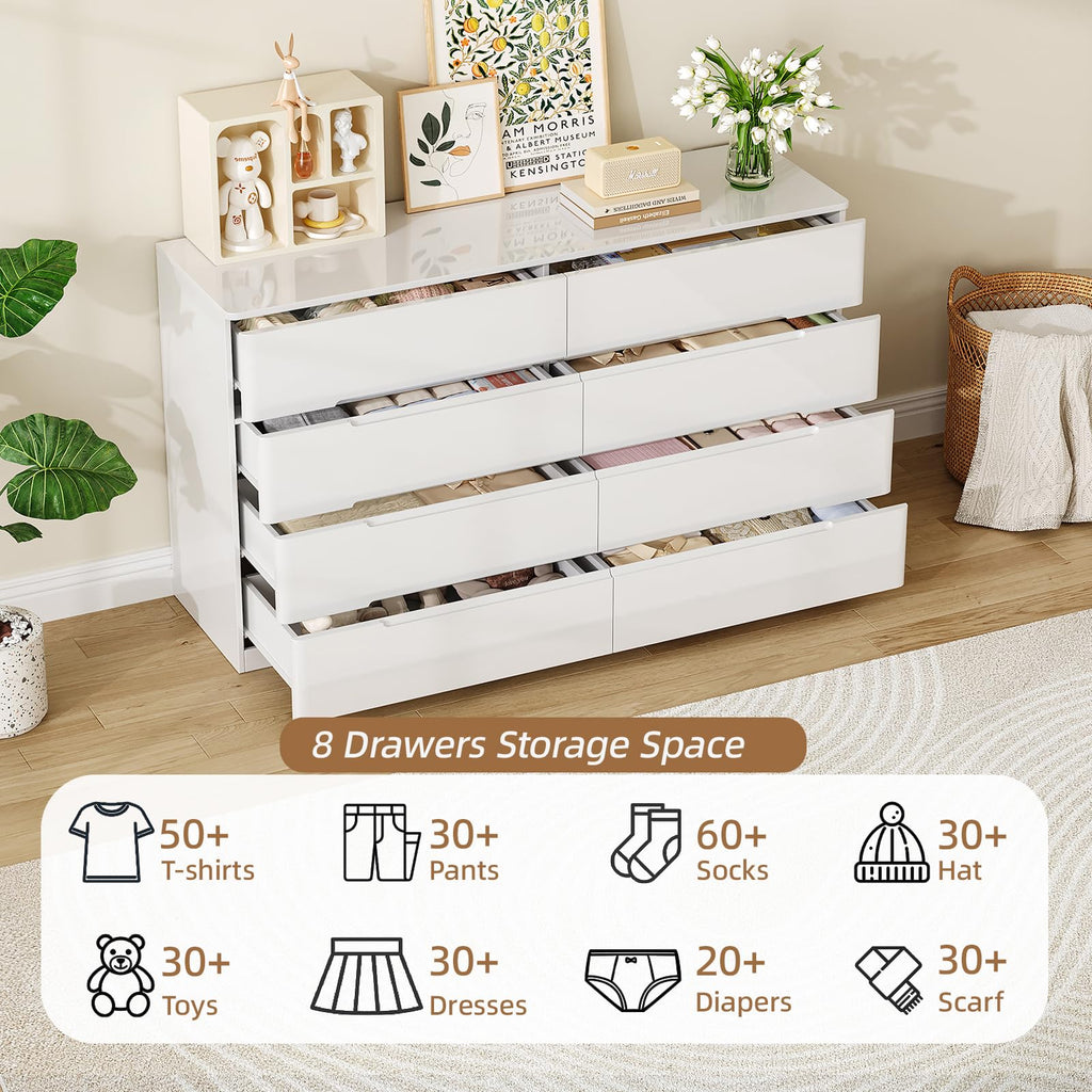 High Gloss Dresser, 47.2" Wide 8 Drawer Dresser, White
