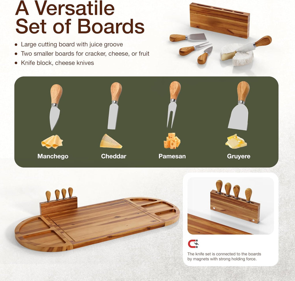30" Large Acacia Wood Charcuterie Board with 4 Knives Set, Magnetic | Removable 3 Parts, Magnetic, No Assembly Wooden