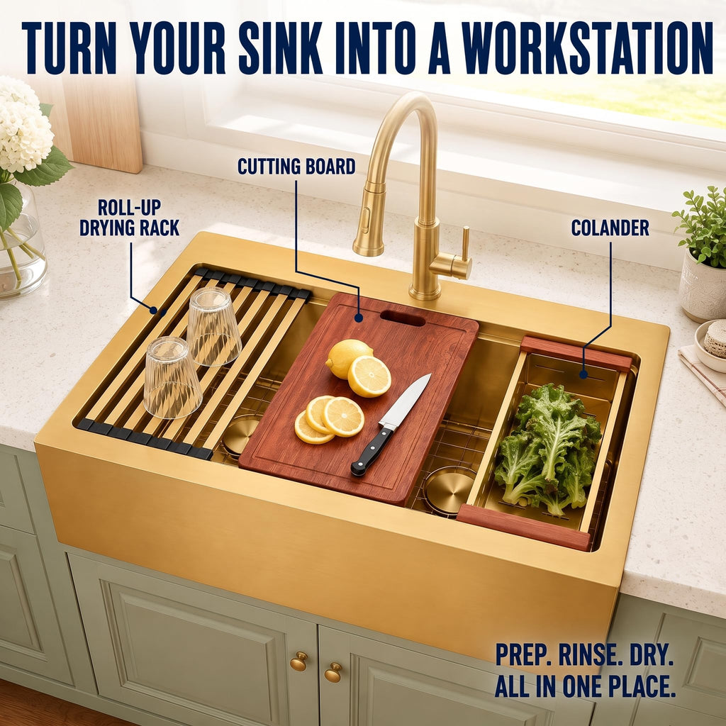 28 Inch Apron Front Farmhouse Double Bowl Gold Kitchen Sink